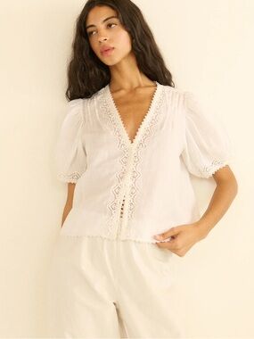 Doen Large Brigitta Top Salt White Ramie Lace Trim